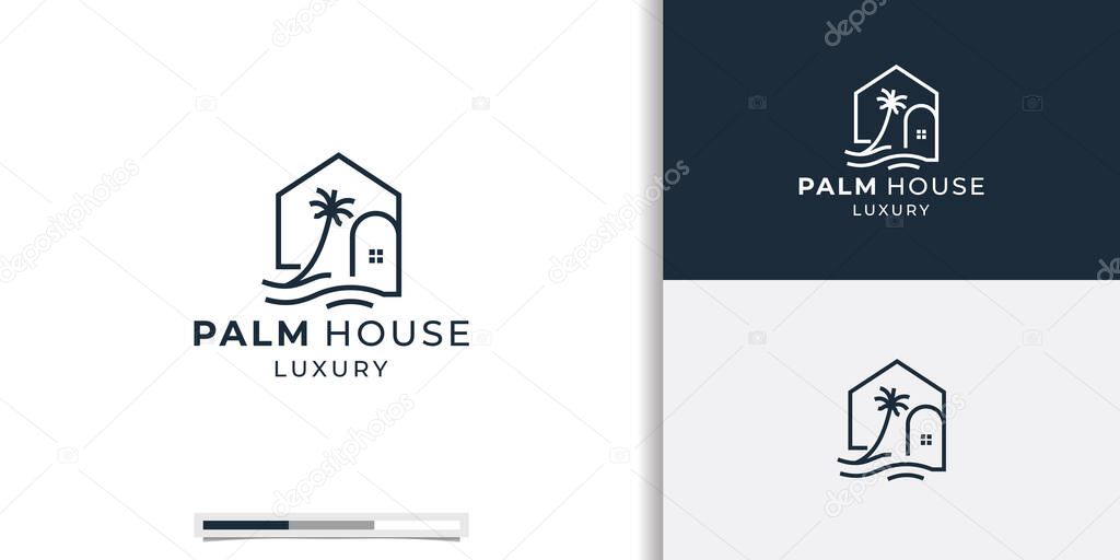 Palm house creative logo design. Luxury palm houses line art style inspiration.