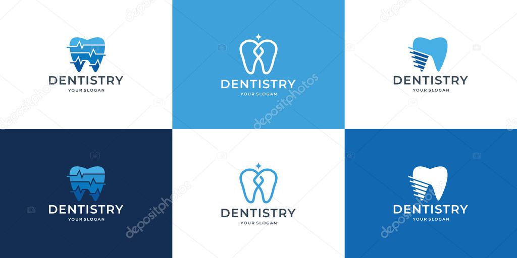 Icon bundle of dentistry, dental care, dentist logo design with blue and white color background template illustration