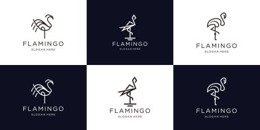 Bir dizi flamingo logosu. Geometri çizgisi yaratıcısı, ana hatlı mono çizgi resimleme.