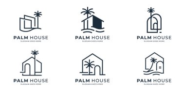 Palmiye ağacı logo vektörlü minimalist ev, tropikal sahil evi veya otel ikonu tasarımı illüstrasyonu.