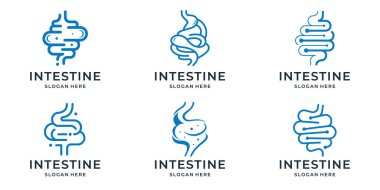 İnsan midesi tıbbi yapı ikonu seti. Beyaz arkaplandaki basit çizgi sanatı mide vektörü logoti çizimi.