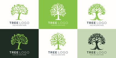 Ağaç logosu koleksiyonu, şirket logosu ya da markası için mükemmel. Botanik bitki doğa sembolleri. Yapraklı ağaç dalı. Doğal tasarım elementleri amblem koleksiyonu. Vektör illüstrasyonu
