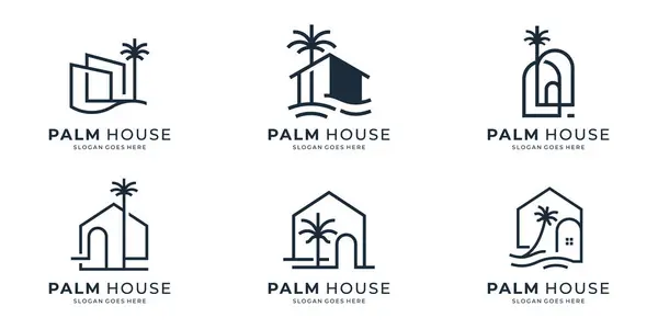 Palmiye ağacı logo vektörlü minimalist ev, tropikal sahil evi veya otel ikonu tasarımı illüstrasyonu.