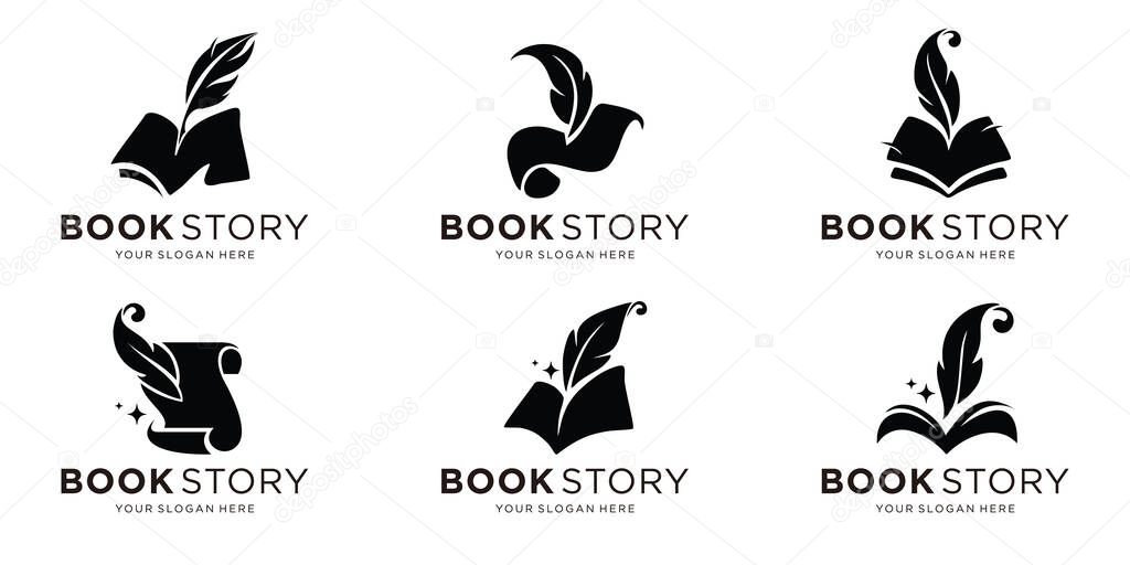 Book story feather logo design black and white background flat vector illustration.