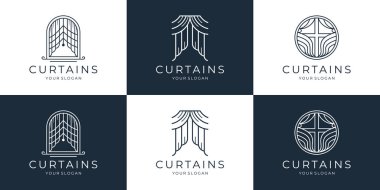 Mono line perde logoları koleksiyonu. Farklı tür pencereler perde dış hat simgeleri vektör illüstrasyonunu ayarlar.