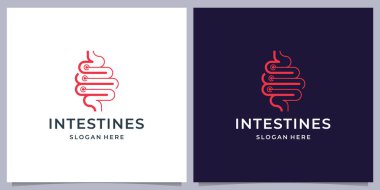 Bağırsak bağlantısı nokta teknolojili logo tıbbi yapısı. Beyaz ve koyu arkaplanda vektör logosu teşhisi.