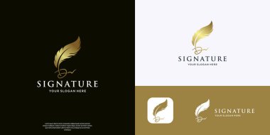 İlham tüyü logo şablonu. Altın renkli damgalı imza tüy kalem tasarımı.