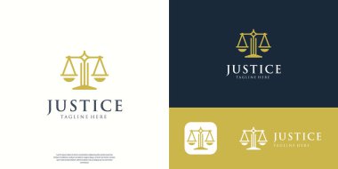 Avukat sembolü logosu, ölçekli adalet ve denge çizgisi vektör simgesi.