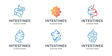 İnsan midesi tıbbi yapı ikonu seti. Beyaz arkaplandaki basit çizgi sanatı mide vektörü logoti çizimi.