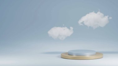 Podium for product presentation, Abstract mockup blue background with clouds in 3d render and illustration. clipart