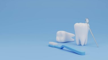 Diş fırçası ile beyazlatıcı diş fırçası, diş fırçası ile açık mavi arka planda diş temizleme ekipmanı. Diş bakımı 3D üretimi. Diş kliniği sağlık ve tıbbi konsept..