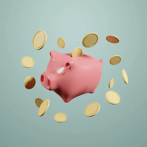 3d piggy bank with coins floating in the air.Saving money for investment.Safe finance investment. Financial services.Business and finance concept.3d render.