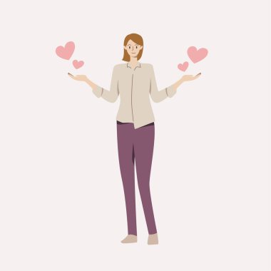 Woman stands with his hands spread and hearts floating on the background.love and valentine concept.Vector illustration.