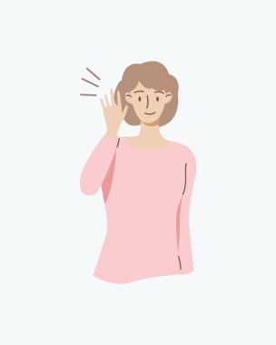 People smiles and holds his hand near his ear. The guy listening or hearing and accept all opinion.Comunication concept.Vector illustration.