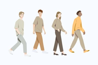 Beyaz arka planda sokakta yürüyen insanlar var. El çekme stili. Vektör illüstrasyonu.