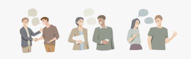 People talking, telling or speaking. Communication concept.Couple chatting with speech bubbles.Men and women meeting.Dialogue between characters.