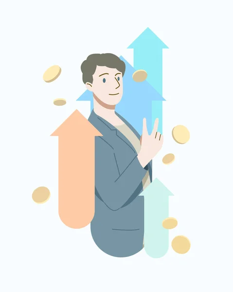 stock vector Businessman showing victory symbol Business building grow and success with huge income.Investment in asset.Arrow pointing up and coins around on background.Business concept.Vector illustration.