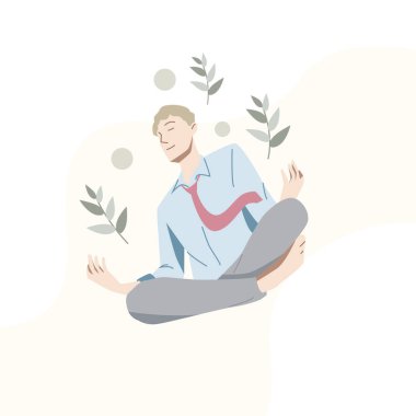İş adamı yoga meditasyonu işten sonra rahatlar. Kendine dikkat et, kendini sev ya da vücut pozitifliği. El çizimi tarzı. Vektör illüstrasyonu.