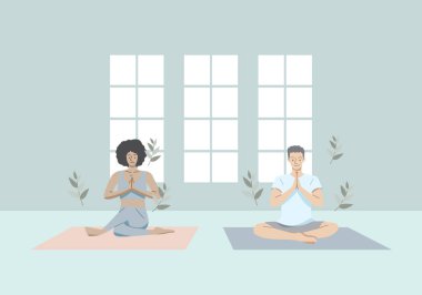 Genç adam ve kadın yoga doğal arka plan üzerinde meditasyon yapıyorlar. Kendine dikkat et, kendini sev ya da vücut pozitifliği. El çizimi tarzı. Vektör illüstrasyonu.