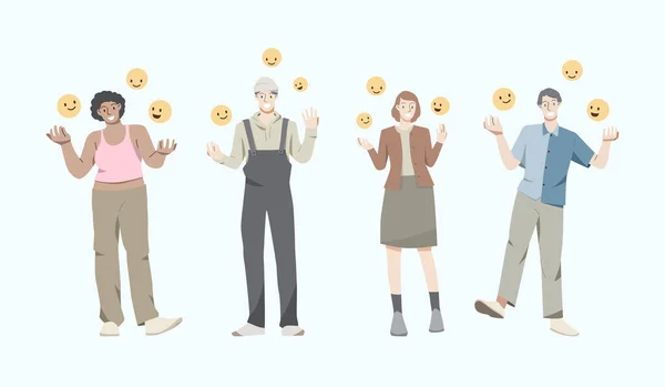 Ευτυχισμένοι Άνθρωποι Παίζουν Μπάλα Και Χαρούμενη Χαμόγελο Εικονογραφημένο Έννοια Της — Διανυσματικό Αρχείο