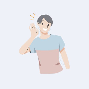 İnsanlar gülümser ve onun kulağının yanında el ele tutuşur. Dinleyen, duyan ve tüm görüşleri kabul eden adam. Ortak kavram. Vektör illüstrasyonu..