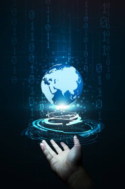 İnsanları birbirine bağlamak için küresel internet teknolojisi. İş dünyası, sosyal medya ve dijital pazarlama. Teknoloji ve gelecekteki koyu mavi arkaplan.