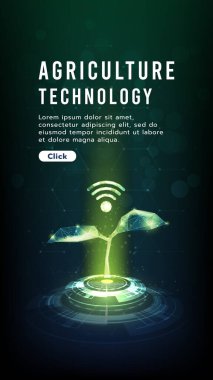 Zeminde bir fidan büyüyor. Wifi.Düşük çokgen Wi-Fi sembolü tasarımı. Koyu arkaplanda yeşil tonlarda parlayan yüksek teknoloji tarım teknolojisi kavramı..