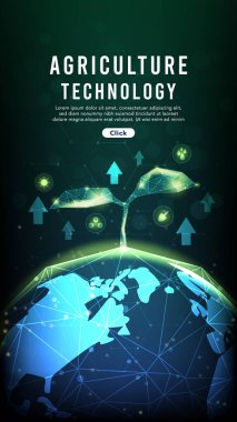 Dünyada bir fidan büyüyor. Düşük çokgen tasarımı. Yüksek teknolojili tarım ve çevre teknolojisi kavramı koyu arkaplanda yeşil tonlarda parlıyor..