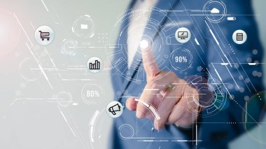 İşadamlarının el işaretlerini kapatın. Dijital pazarlama. İş ve finansal kavramlar. Finansal teknoloji.