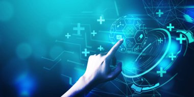 Sağlık teknolojisi, gelecek için klinik tıbbi ve yenilik. Tıp, bilim ve teknoloji kavramları. Soyut gelecek tasarımı.