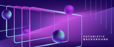 Fütürist arkaplan neon 3 boyutlu şekiller, derin mor bir arkaplan üzerinde geometrik çerçeveler. Modern teknoloji, yenilik ve soyut.
