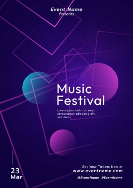 EDM veya Elektronik Dans Müzik Festivali posteri, neon mor ve mavi tonlu, dinamik dalga desenli. Fütürist, Teknoloji soyut geçmişi.
