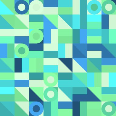 Mavi ve yeşil üçgenler ve kareler ile canlı, soyut geometrik mozaik desen arka planı. Modern tasarım için ideal.