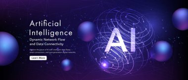 Dinamik akış çizgileri, ağ düğümleri ve mor tonda süzülen 3D küreleri olan gelecekçi yapay zeka küresi. Soyut siber teknoloji arka planı.