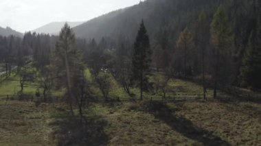 İHA sabahleyin köyün üzerinde uçuyor. 4K