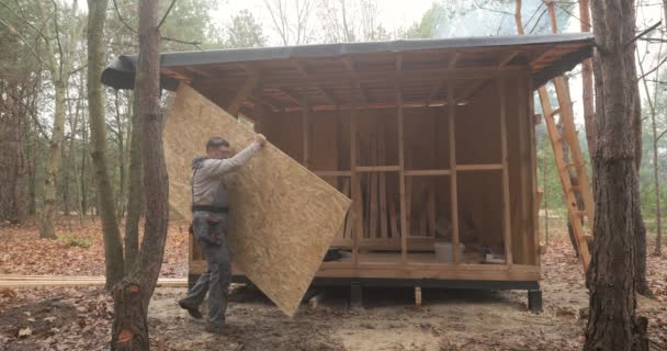 Carpenter Mounting Wooden Osb Panel Wall Future Cottage Man Worker — Stock Video