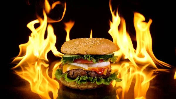 Ateşin Arka Planında Nefis Bir Burger Lezzetli Burger Taze Lahana — Stok fotoğraf