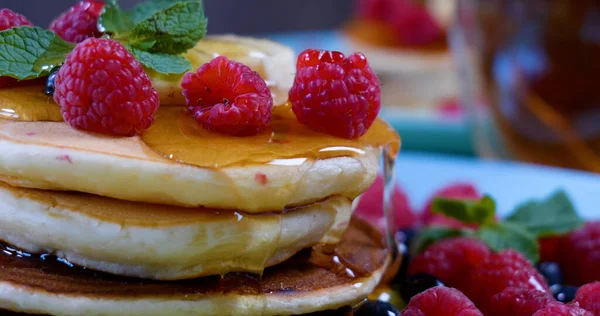 Delicious Breakfast Pancakes Raspberry Banana Mint Leaf Honey — Stock Photo, Image