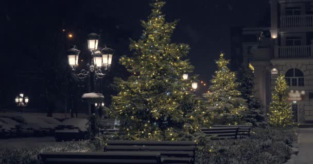 Важкий Снігопад Різдвяний Вечір Тлі Ялинки Яскраво Високий Ліхтар Будинки — стокове відео