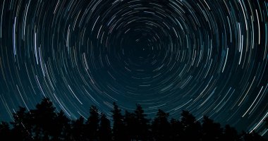 Gece gökyüzünde yıldız izleri. Yıldızlar bir kutup yıldızının etrafında döner. Ağaçların siluetleri