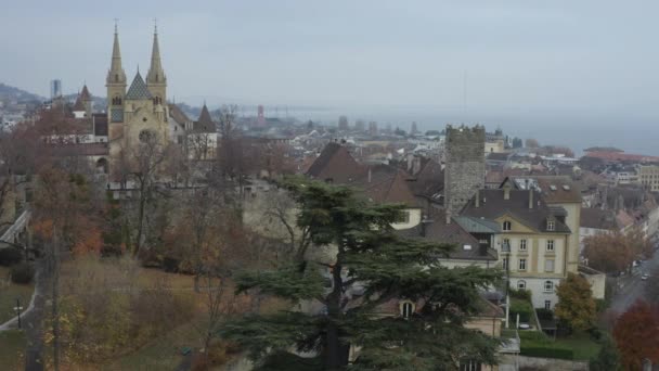 Luftaufnahme Der Stiftskirche Neuchatel Der Schweiz — Stockvideo