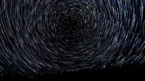 Gece gökyüzünde yıldız izleri. Yıldızlar bir kutup yıldızının etrafında döner. Ağaçların siluetleri