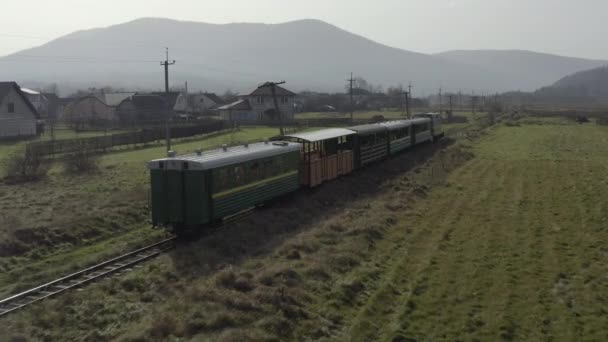 Aerial View Train Rides Railroad Drone Flight Locomotive Carriages Narrow — Wideo stockowe