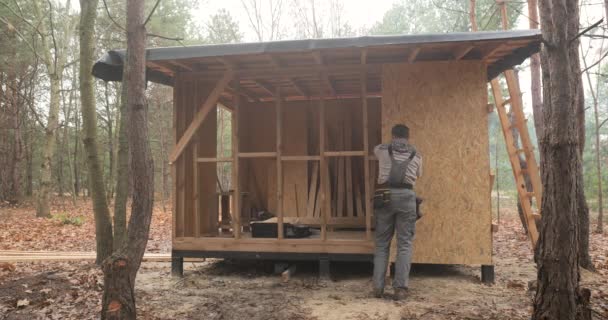 Time Lapse Man Worker Building Wooden Frame House Carpenter Mounting — Αρχείο Βίντεο