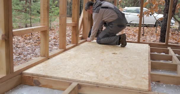 Man Worker Building Wooden Frame House Carpentry Concept — 图库视频影像