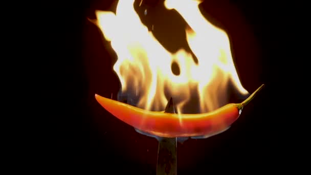 Hot Red Chili Pepper Knife Flames Black Background Spicy Food — Stok Video