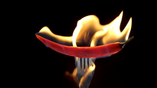 Hete Rode Chili Peper Een Vork Vlammen Een Zwarte Achtergrond — Stockvideo
