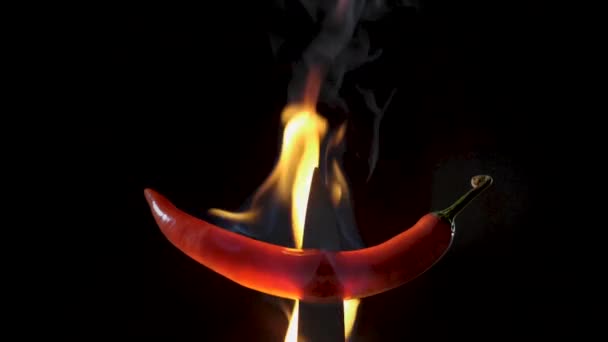 Ζεστό Κόκκινο Πιπέρι Τσίλι Ένα Μαχαίρι Στις Φλόγες Μαύρο Φόντο — Αρχείο Βίντεο