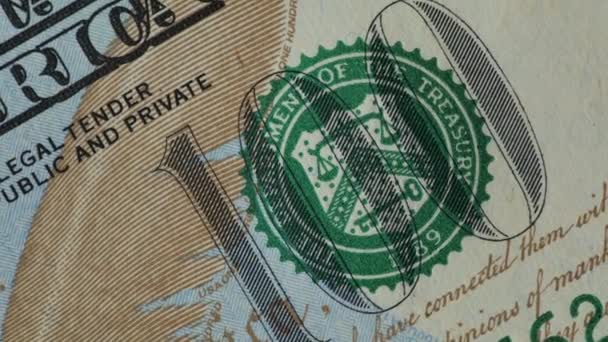 Fragment One Hundred Dollar Bill Rotates Close 100 Banknote Spinning — Vídeo de Stock