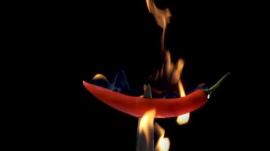 Hot red chili pepper on a knife in flames on a black background. Spicy food concept. Slow motion